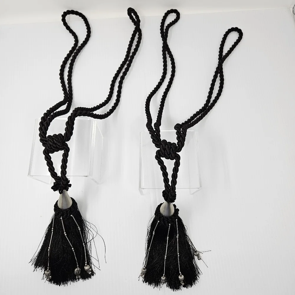Tassel Curtain Tie Backs Black & Silver Beads Set of 2 Decorator Detail